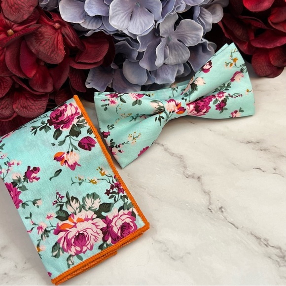 Light Blue Floral Butterfly Bow Tie and Pocket Square - Picture 8 of 16